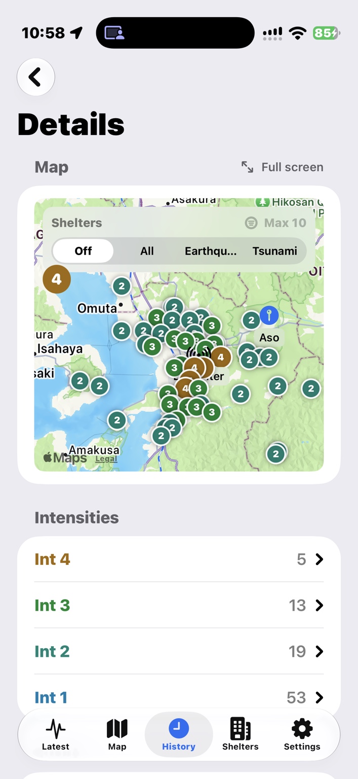 JapanEEW earthquake details on iPhone, with a Kumamoto map, intensity markers, shelter controls and reported intensities