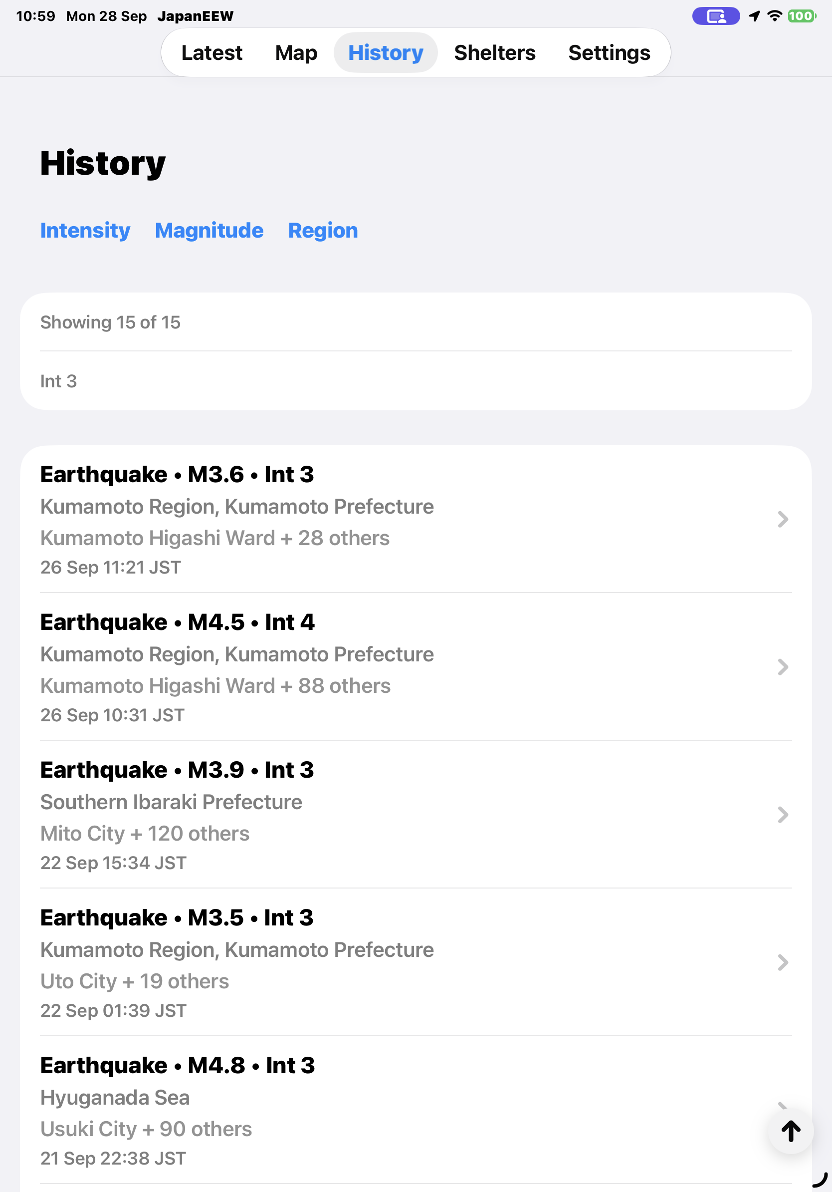 JapanEEW History on iPad, showing intensity, magnitude and region filters above a list of recent earthquakes