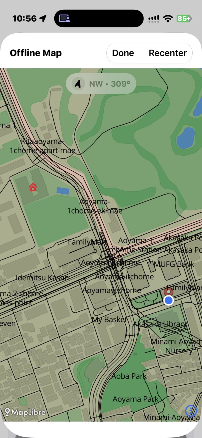 JapanEEW Offline Map on iPhone, showing local streets, the user's location and a nearby shelter marker