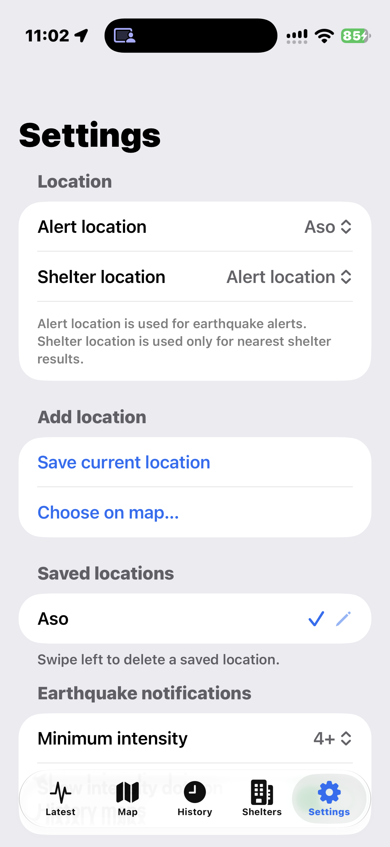 JapanEEW Settings on iPhone, with Aso selected for alerts, shelter location settings and minimum intensity 4+